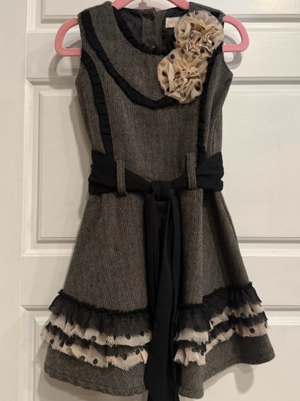 Trish Scully Child 3T Herringbone Ruffle Flower Dress Black Gray Cream LIKE NEW